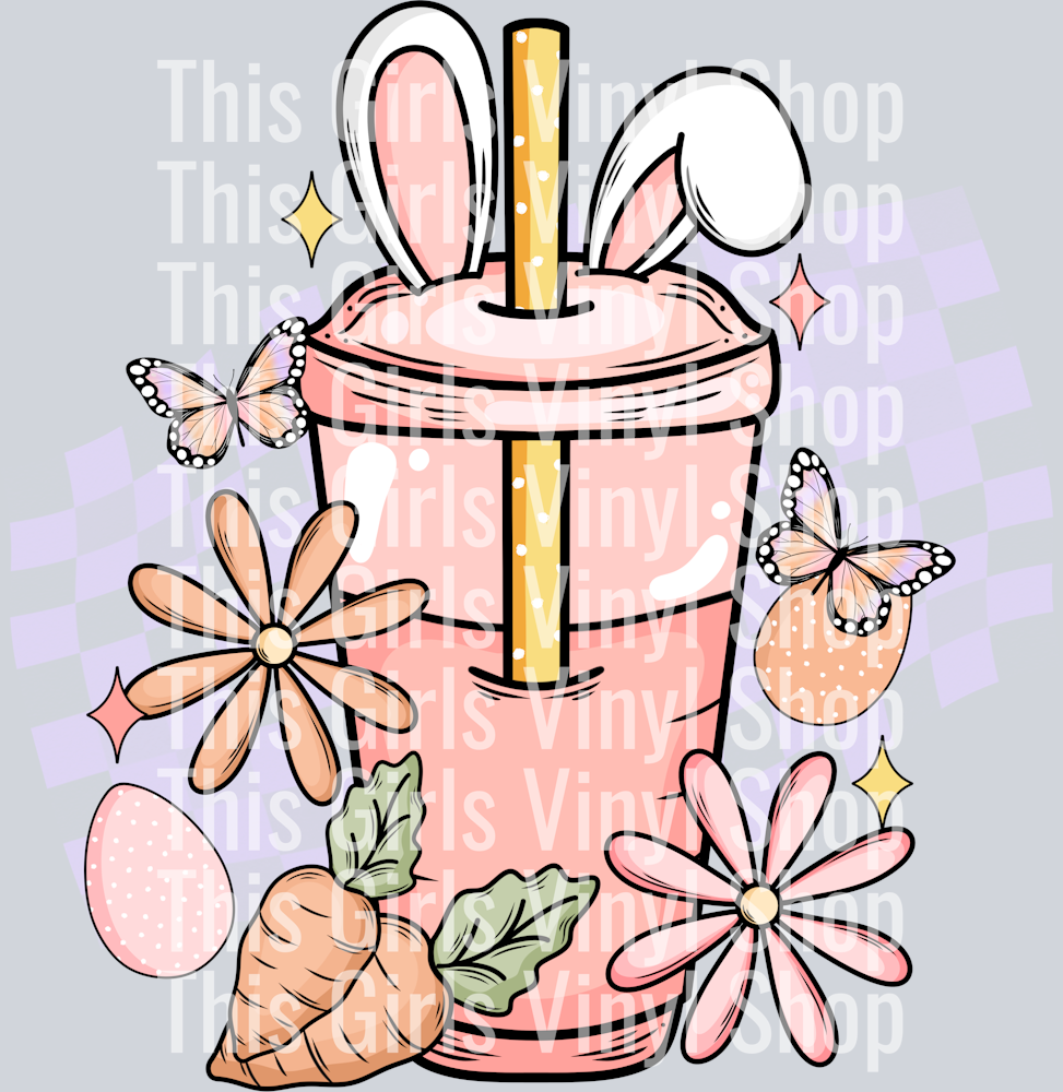 This girls Vinyl Shop watermarked image that has a pink coffee tumbler with a yellow straw, bunny ears on the lid with two pink and orange easter eggs, two pink and orange daisies, two pink and orange butterflies, two pink and orange stars and two carrots.