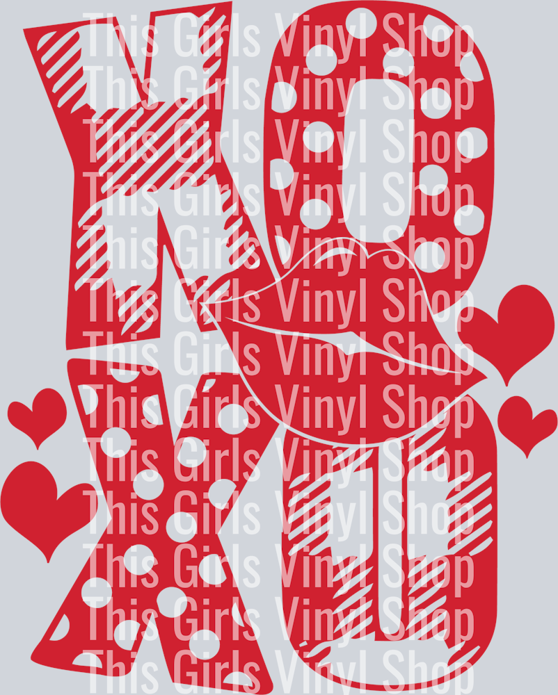 This girls vinyl shop watermarked valentines image of two rows of "Xo" in red with polka dot and gingham patterns inside the letters. A pair of lips in the middle and hearts on the sides. Perfect for a valentines t-shirt