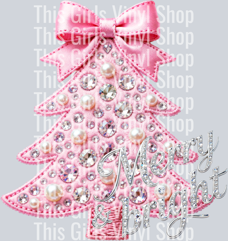 Image of of a pink stitch Christmas tree with a pink ribbon bow on top and diamonds and pearls on the tree. With wording of Merry & Bright also in diamonds. Perfect for a Christmas t-shirt
