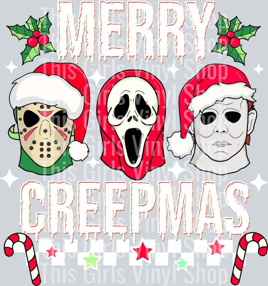 Image of three classic horror characters with melting words that say Merry Creepmas, along with mistletoe candy canes and stars.
