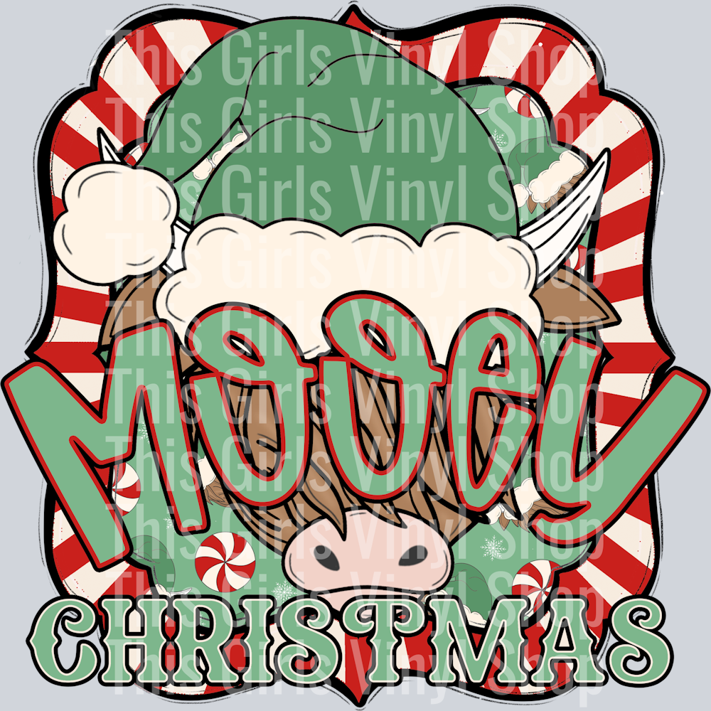 Image of a highland cow wearing a green hat with a peppermint striped background and peppermints with green and red wording that says Mooey Christmas. Perfect for a Christmas t-shirt