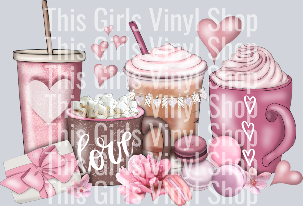 This girls vinyl shop watermarked image of a valentines image that has 4 coffee cups, hearts, bow wrapped gift, flowers and macaroons all in different shades of pink. Perfect for a valentines t-shirt.