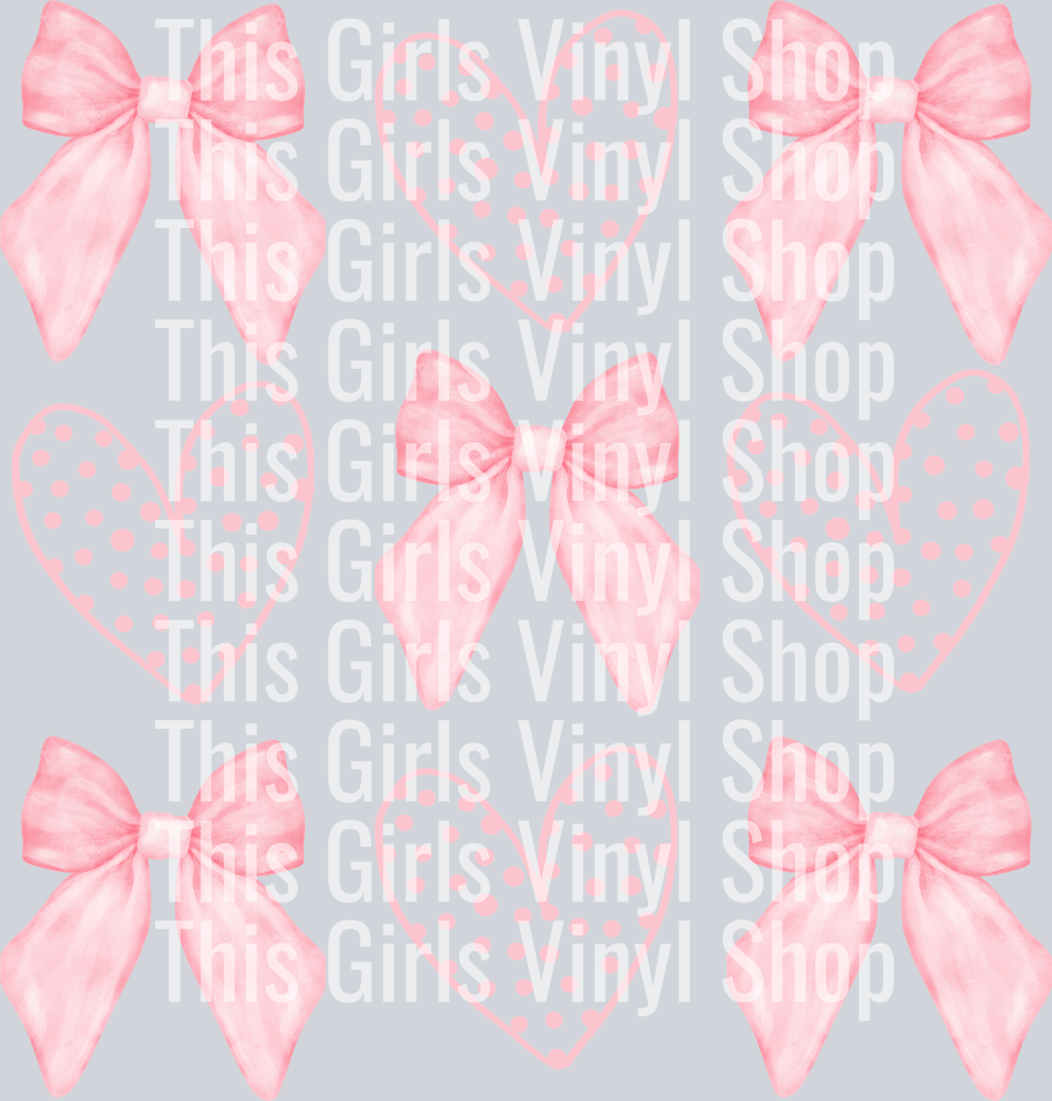 This girls vinyl shop watermarked image of a valentines image of stacked pink bows and pink polka dot hearts in three rows. Perfect for a valentines t-shirt.