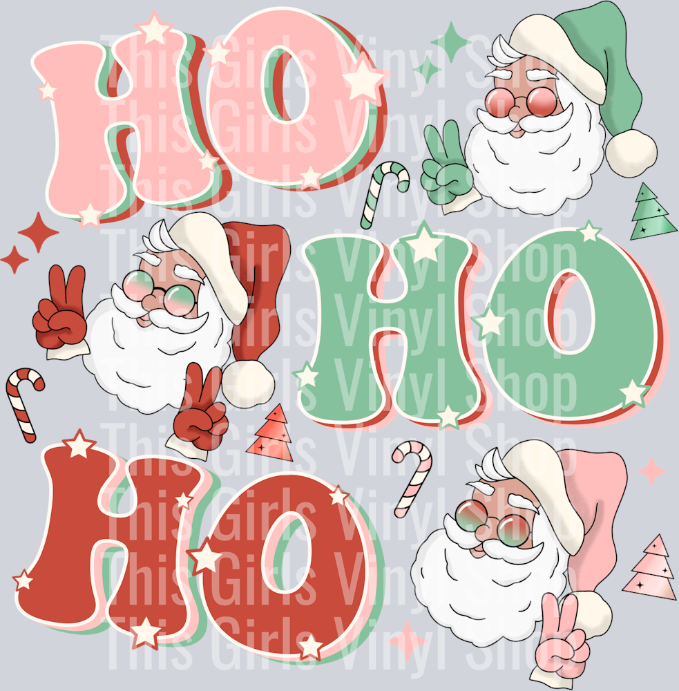 Image is a collage of the heads of three Santa Claus's holding up peace signs. One Santa is wearing, green another is wearing red and the last one is wearing pink. Each Santa head sits next to the word Ho, color coordinated candy canes, trees and stars.