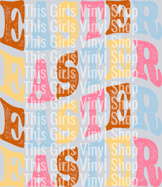 This Girls vinyl Shop watermarked image that says easter in four rows, with burnt orange, light blue, pale yellow and light pink letters in a wavy format. Perfect for a easter t-shirt.  