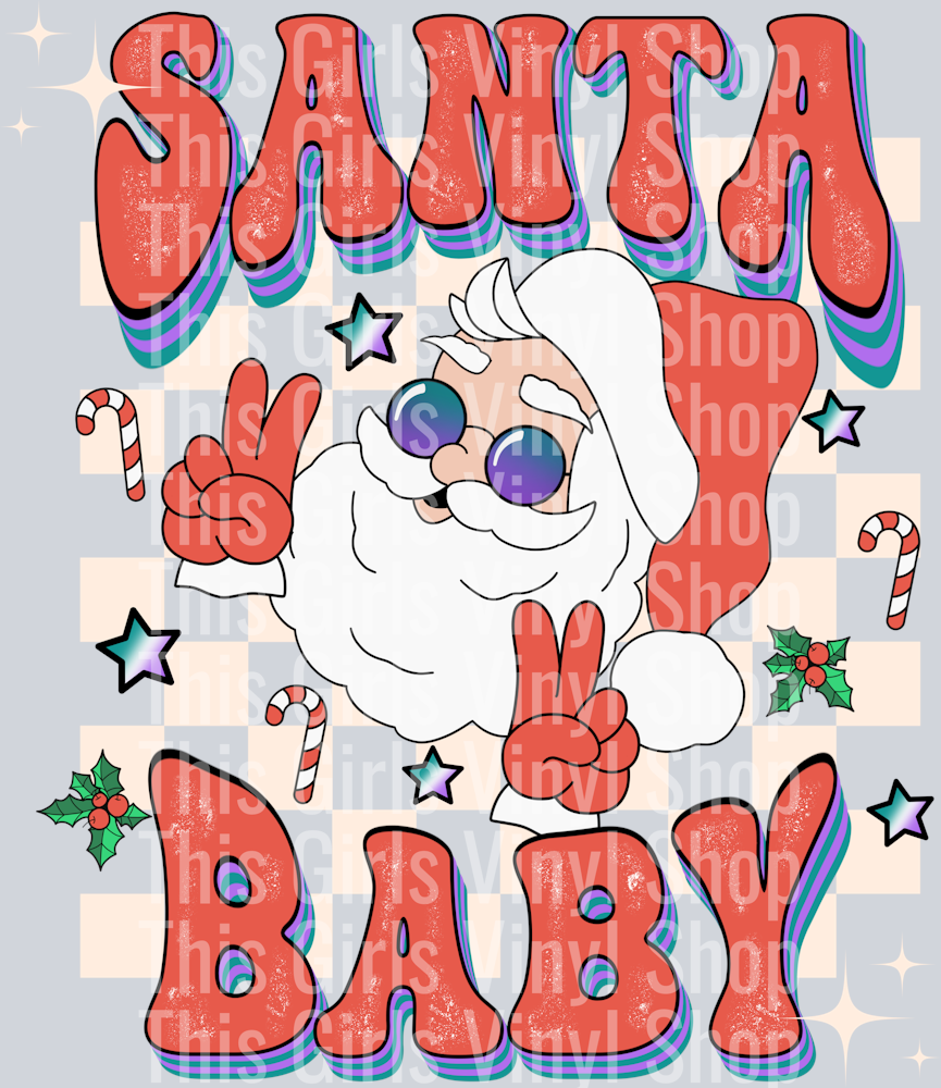 Image of Santa Claus holding up peace signs with a beige checkered background surrounded by candy canes, mistletoe, and stars with wording that reads Santa Baby.