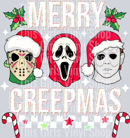 Image of three classic horror characters with melting words that say Merry Creepmas, along with mistletoe candy canes and stars. 