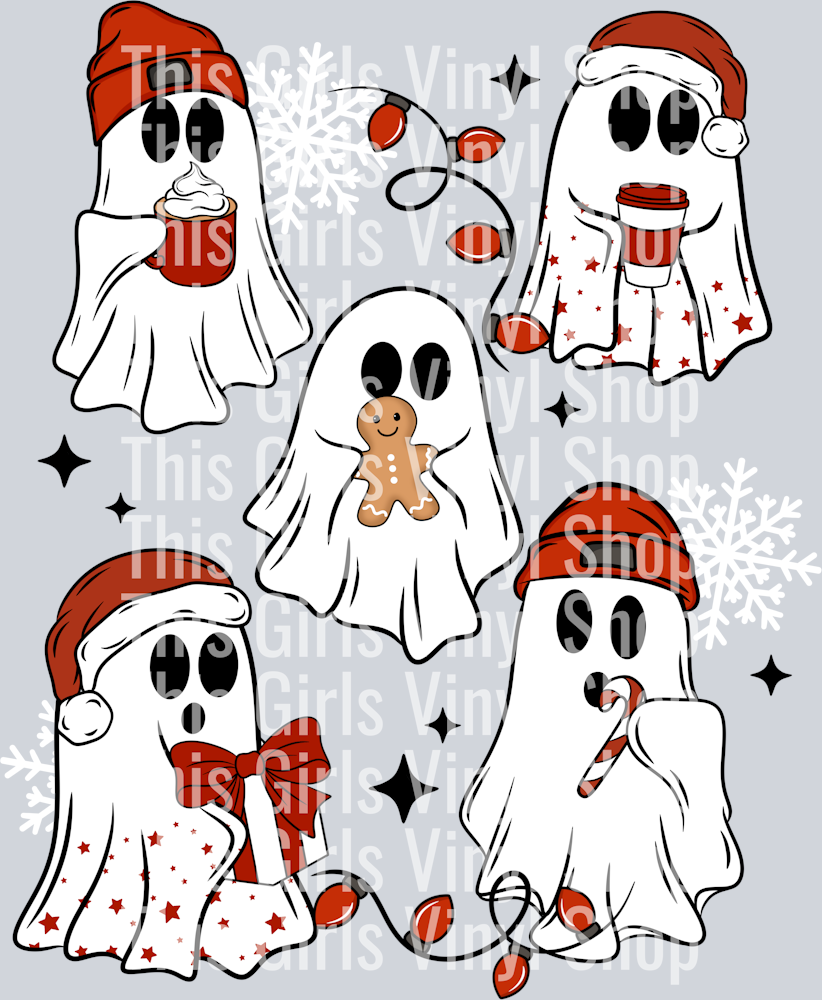 This girls vinyl shop watermarked Christmas image of five ghosts each holding an items such as a present, gingerbread, hot cocoa, coffee cup and candy cane. Four of the ghosts are wearing Santa hats. The background consists of strings of red Christmas lights, snowflakes and stars. Great for a Christmas t-shirt