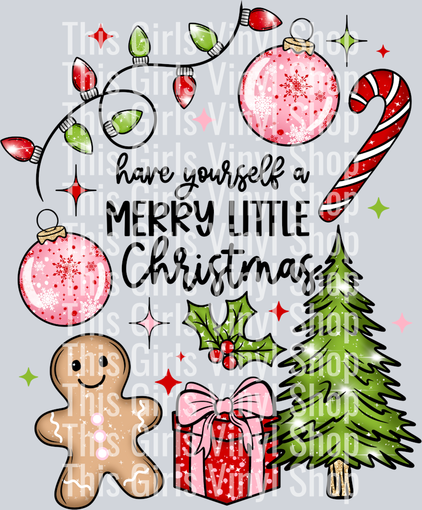 Image of a glitter effect Christmas collage of pink ornaments with red snowflakes on them, pink red and green stars, missile toe, red present with a pink bow, pine tree and red and green Christmas lights. Perfect for a Christmas t-shirt