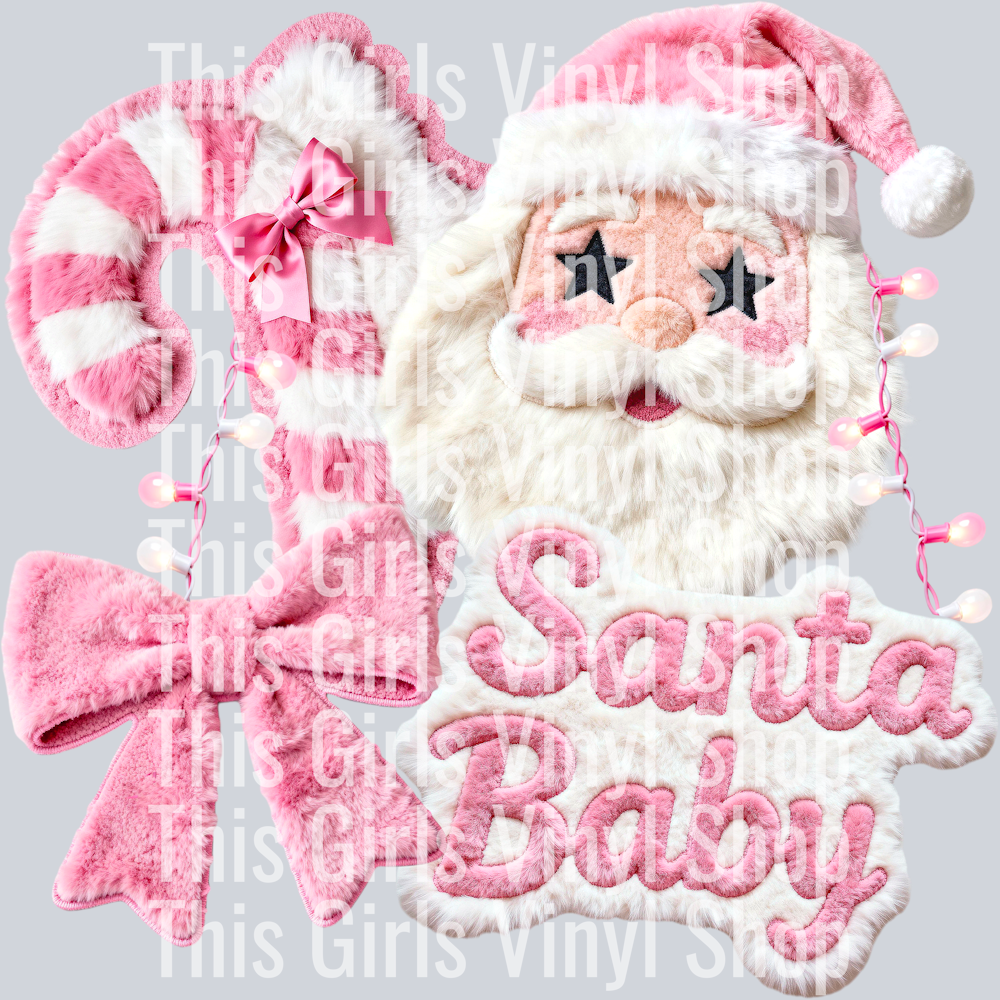 Image of Santas head mad of faux fur with star eyes and pink hat along with pink faux fur candy cane, bow and wording that says Santa Baby. Perfect for a Christmas t-shirt