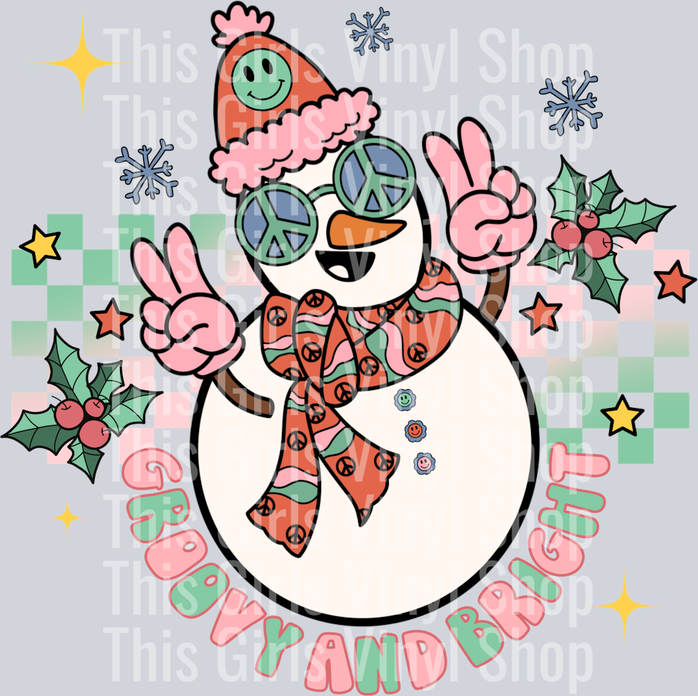 Image of a groovy snowman wearing a red and green scarf with peace signs on it, peach sign glasses, smiley face buttons and a beanie. Underneath the snowman there are wording that read, Groovy and Bright The background consists of a black checkered pattern with stars, snowflakes and mistletoe. 