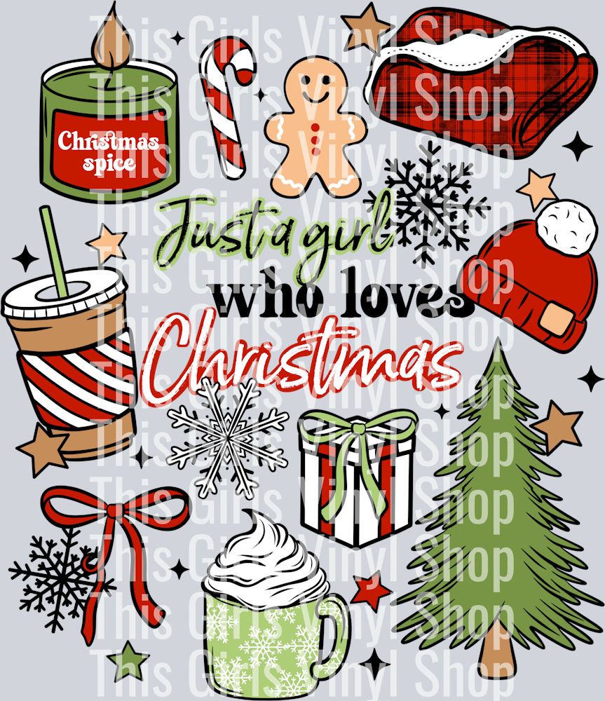 This girls vinyl shop watermarked Christmas image of a collage of a candle, beanie, Christmas present, pine tree, bow, coffee cup. gingerbread, candy cane and a blanket the middle of the collage reads Just a girl who loves Christmas and the background has snowflakes and stars. Great for a Christmas t-shirt.